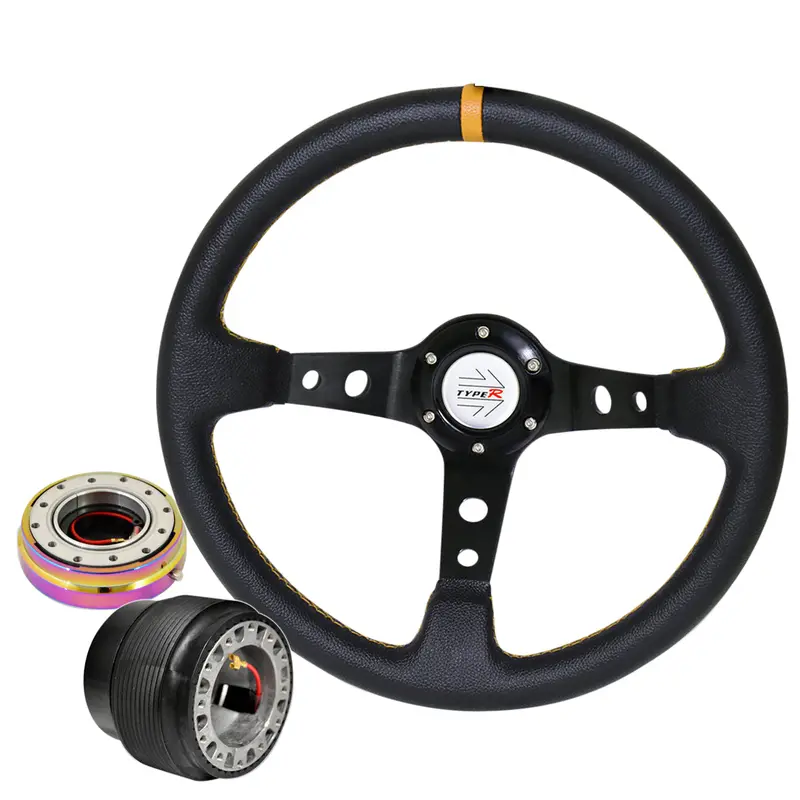 For 00-05 Eclipse Neo Chrome Release Deep Black Steering Wheel Yellow Type-R 1